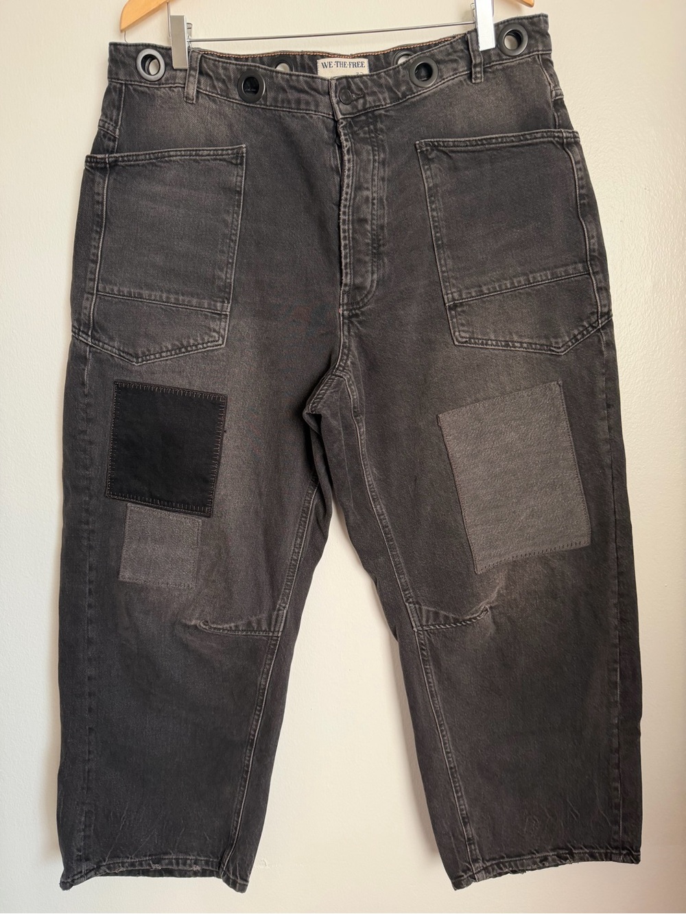 We The Free FP We Moxie Pull On Barrel Jeans Night Hawk Black Women Patch Sz 32 - Picture 3 of 11